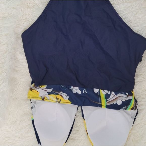 Navy floral deep v-neck backless women monokini one-piece sexy halter #16 - Picture 5 of 9